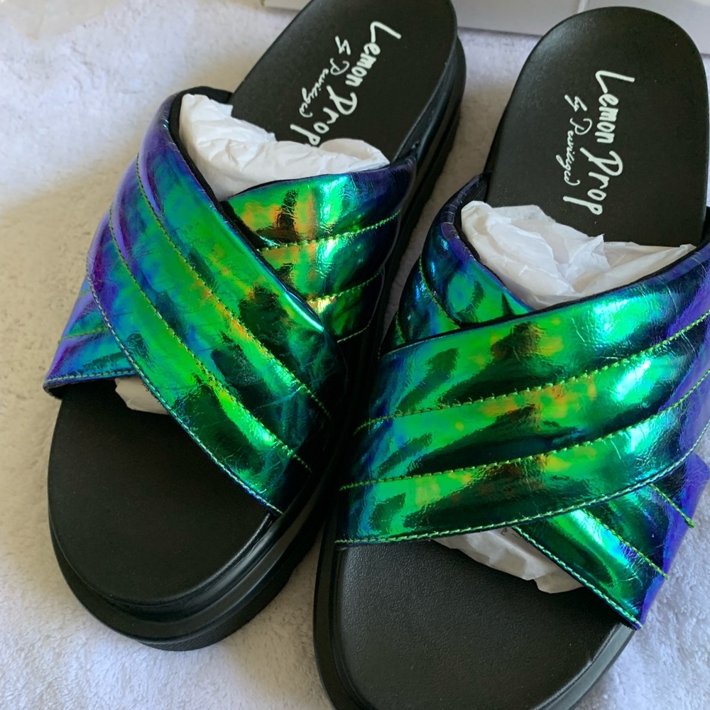 Lemon Drop by Privileged Slides Iridescent Platform Sandals